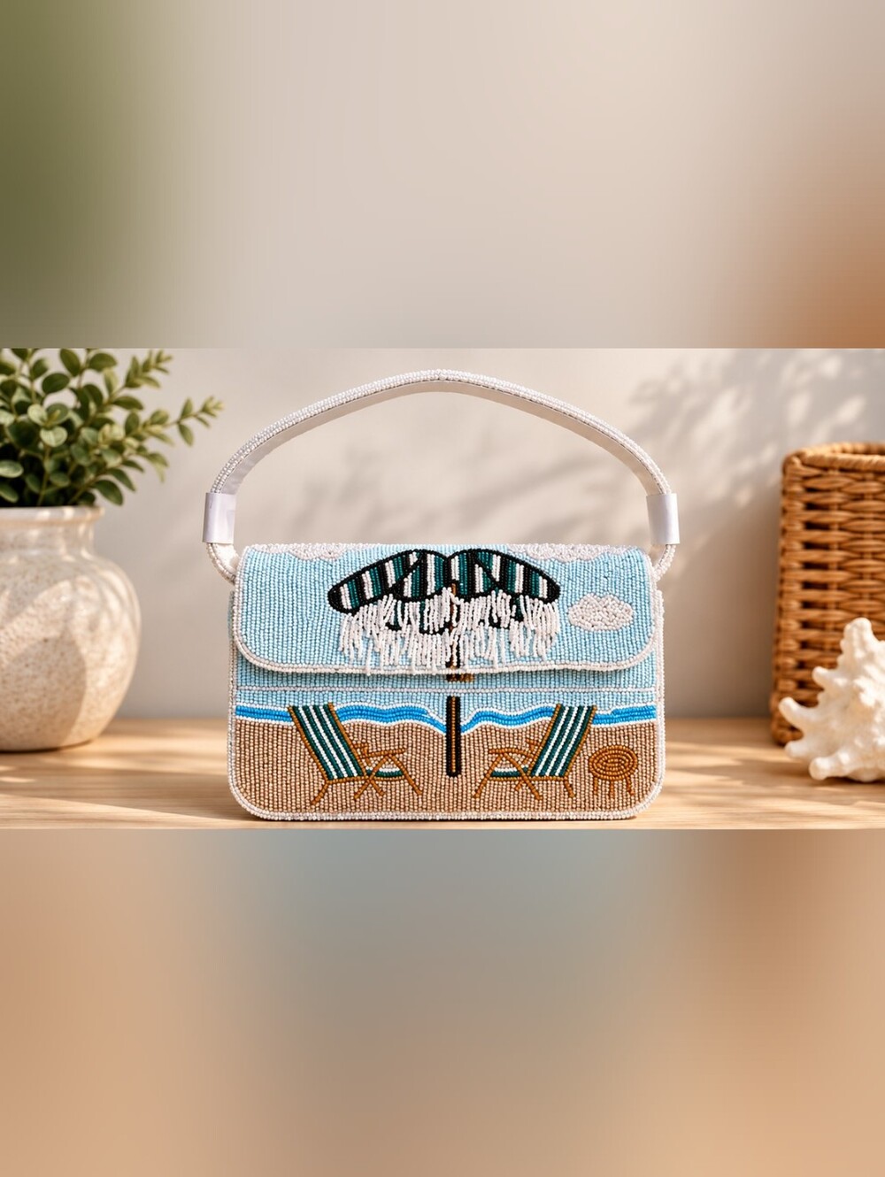 Handcrafted In India Beaded Beach Chair Scene Purse Light Blue & Tan NEW